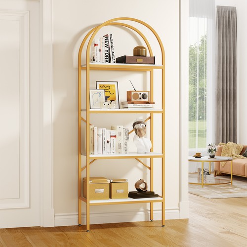 Gold Bookshelf Bookcase Open Arched Book Shelf Freestanding Storage Display Rack