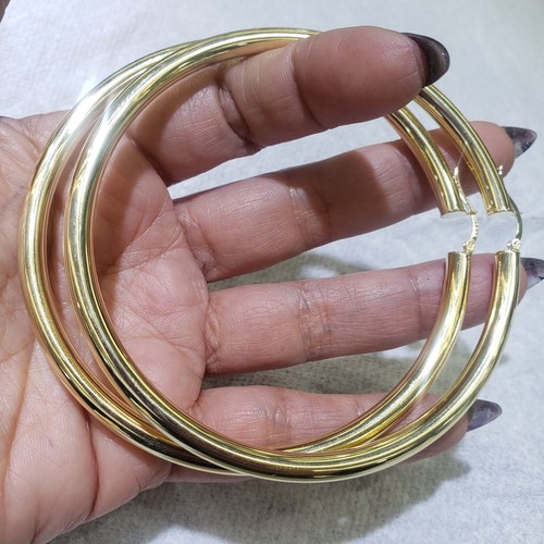 Pre-owned Handmade Extra Large Big Huge Thick Real 14k Yellow Gold Plain Hoop Earrings 3.50 Inches