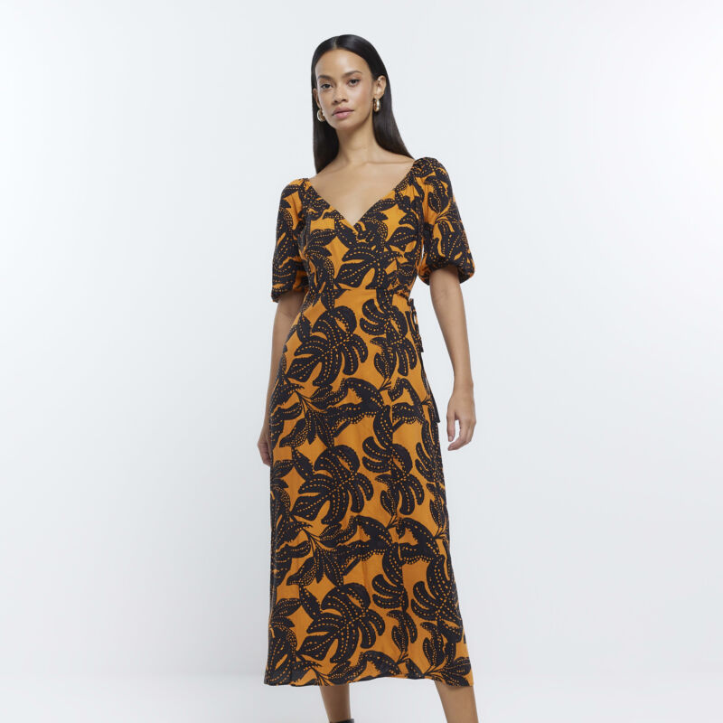 River Island Womens Wrap Midi Dress Orange Leaf Print Short Sleeve V-Neck