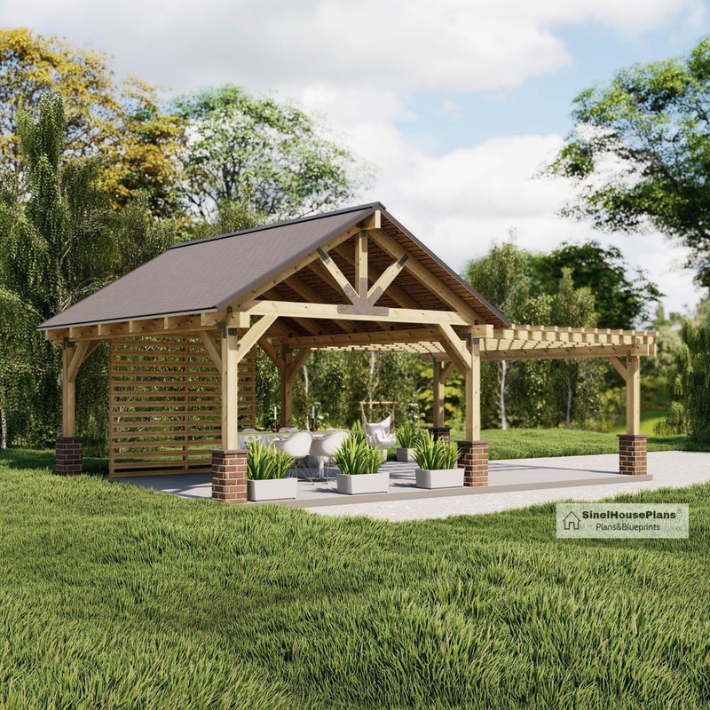 26'x16' Pavilion with Pergola Plans, Outdoor Gazebo Blueprints