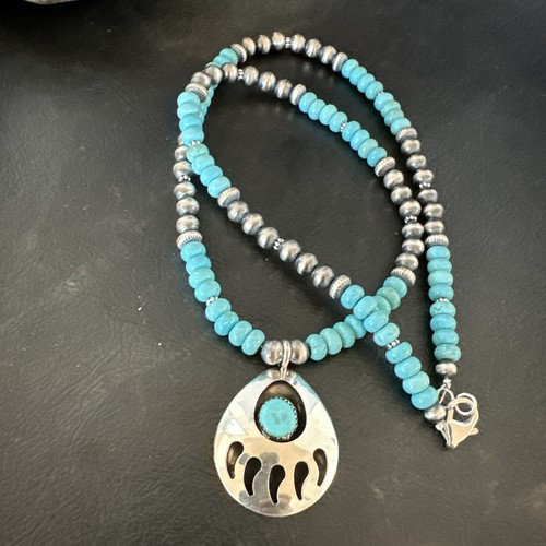 Pre-owned Handmade Mens Blue Turquoise Bearpaw Pendant Navajo Pearls Sterling Silver Necklace 17880