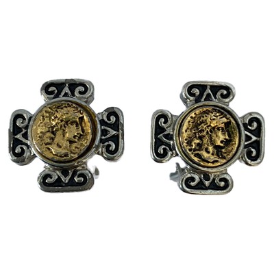 1990s Craft Earrings Signed Clip On Silver Gold Tone Cameo .75 Inch