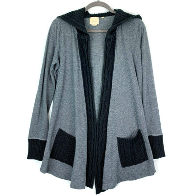 Vanessa Virginia Womens M Gray Herringbone Cable Knit Hooded Open Front Cardigan