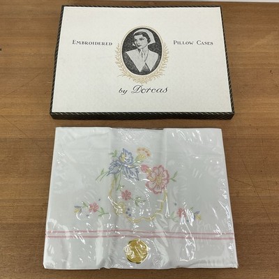 Vintage 1950s Pair Dorcas Embroidered Pillow Cases