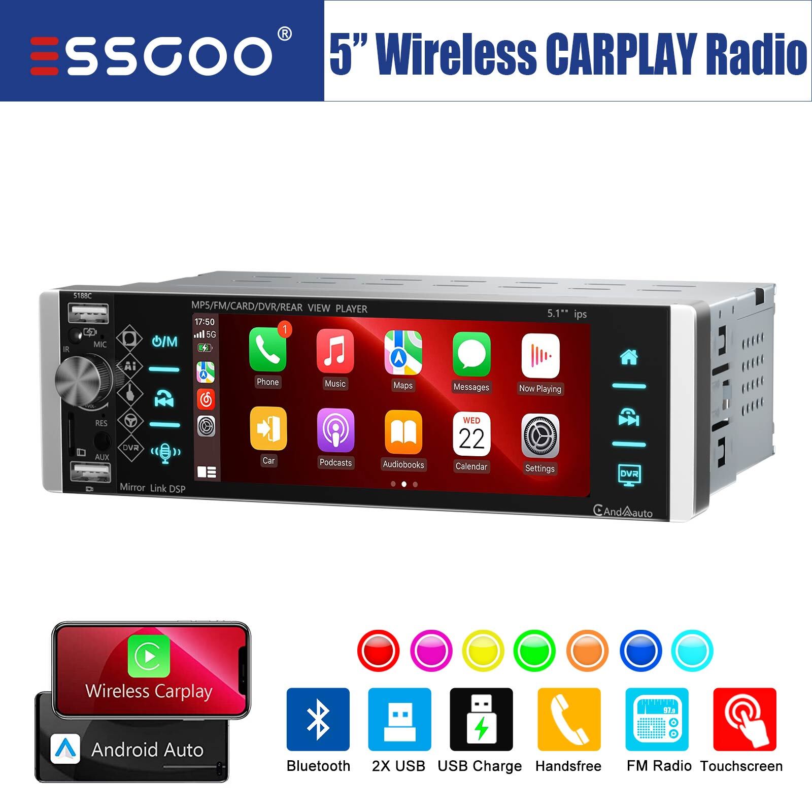 5" Car Stereo 1 DIN Wireless Carplay Android Auto IPS Full Touch Screen USB AUX