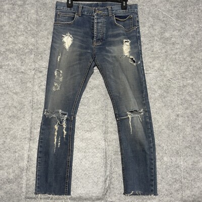 Balmain Paris Jeans Denim Stretch Mens Sz W-32 L-27 Blue Classic Cropped Raw Hem
