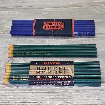 16 VTG Dixon Green Anadel 1960 Thin Colored Pencils 12 Star Master Blue 105
