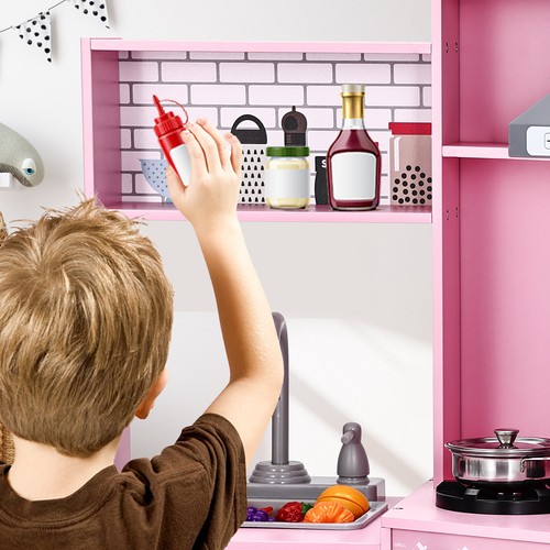 Kids Pretend Play Corner Kitchen Wooden Toy Set w/ Lights,Sounds Girls Gift Pink