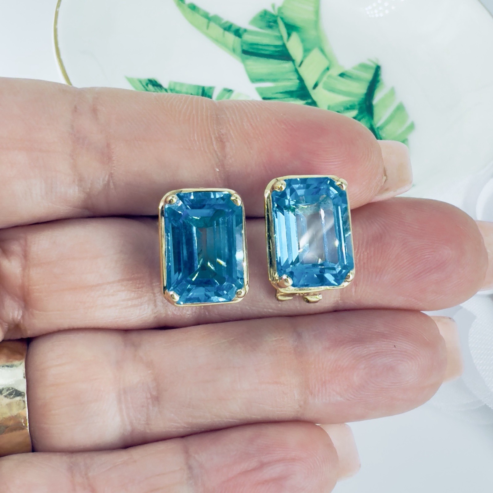 14k Yellow Gold Swiss Blue Topaz Omega Back Earrings, Preowned - Picture 3 of 12