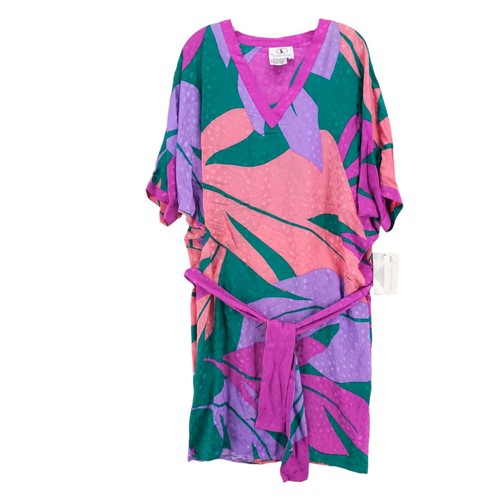 FLORA KUNG Vintage 100% Silk Dress Belted Colorful NOS Dolman Sleeve Size 10
