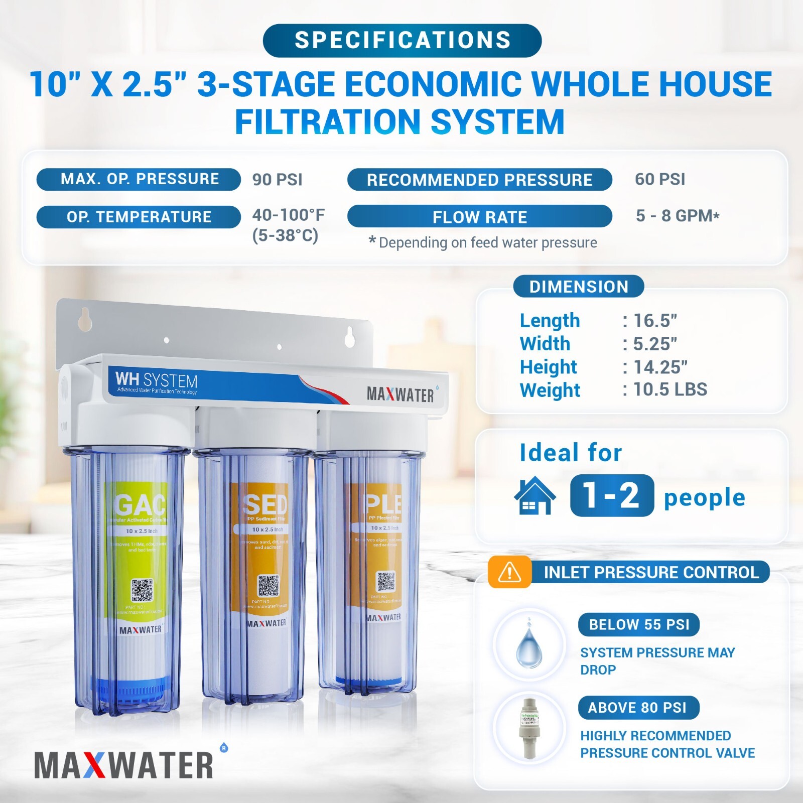 Max Water All Clear 3 Stage Whole house Home water filter Sediment Carbon Filter