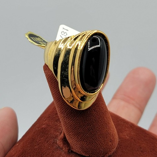 Vtg SZ 5 Ring Large Genuine Black Onyx 18K GE Gold