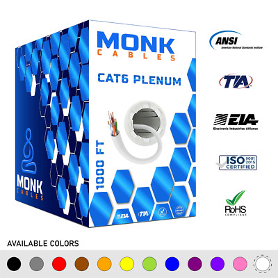 CAT6 Plenum 1000ft Bulk CMP 23AWG 550MHz UTP Ethernet Network Cable MultiColor
