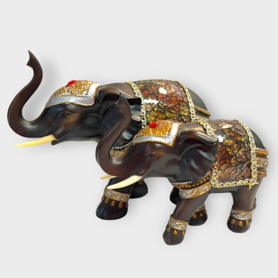 Pair of Resin Elephant Figurines in Dark Red, Rhinestone & Stained Glass Mosaic