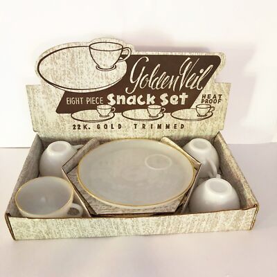 Vintage Retro Milk Glass Anchor Fire King 8 PC Snack Set with 22K. Gold Trim