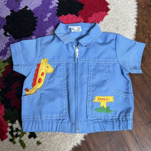 Vintage Size 12M Blue Safari Giraffe Zip Front Short Sleeve