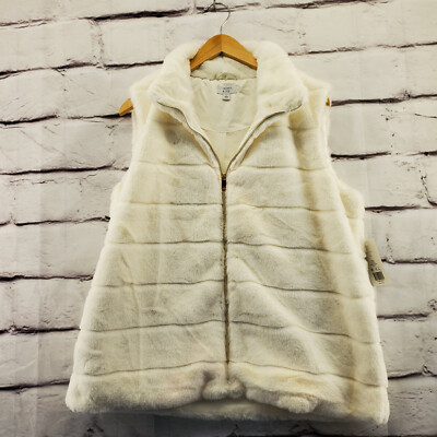 CROWN and IVY Vest Womens Large Faux Fur Sleeveless Gold Zip Front White NWT