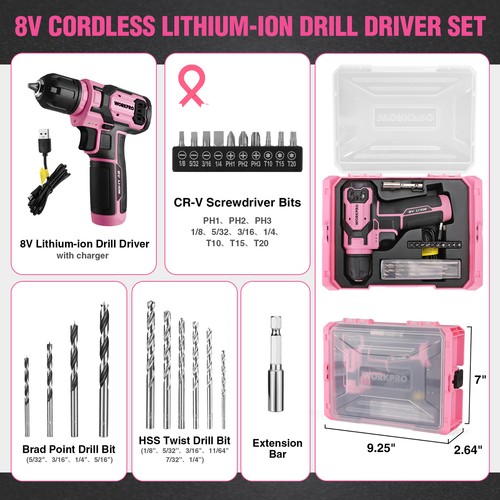 WORKPRO Power Drill Set&Stackable Tool Box, 8V Cordless Drill Driver Pink /Gray