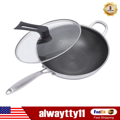 Non Stick Double Sided Honeycomb Cooking Frying Wok Pan With Lid Stainless Steel