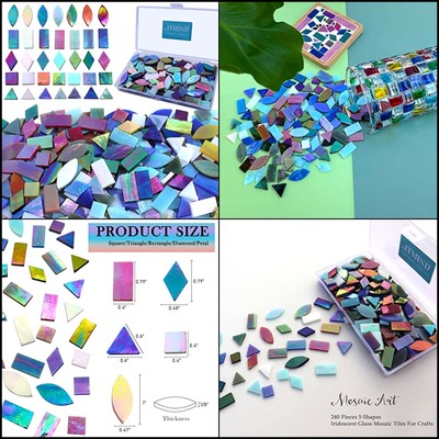 Iridescent Glass Mosaic Tiles for Crafts, 240 Pieces 5 Shapes Mixed Stained Glas