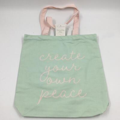 Green and Pink Reusable Medium Size Cloth Tote Bag 14'' x 13'' Create Peace Theme