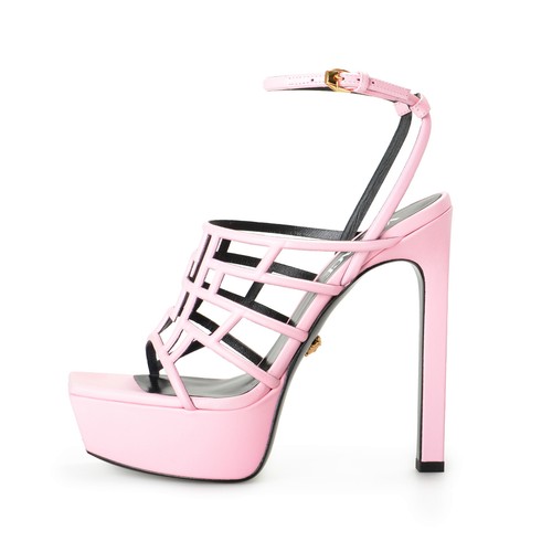 Pre-owned Versace Women's Pink High Heel Platform Leather Sandals Pumps Shoes