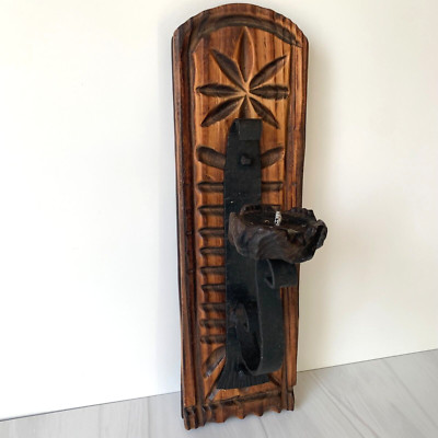 Gothic Brutalist Candle Holder Wall Sconce Made in Spain VTG 60s Wood Iron