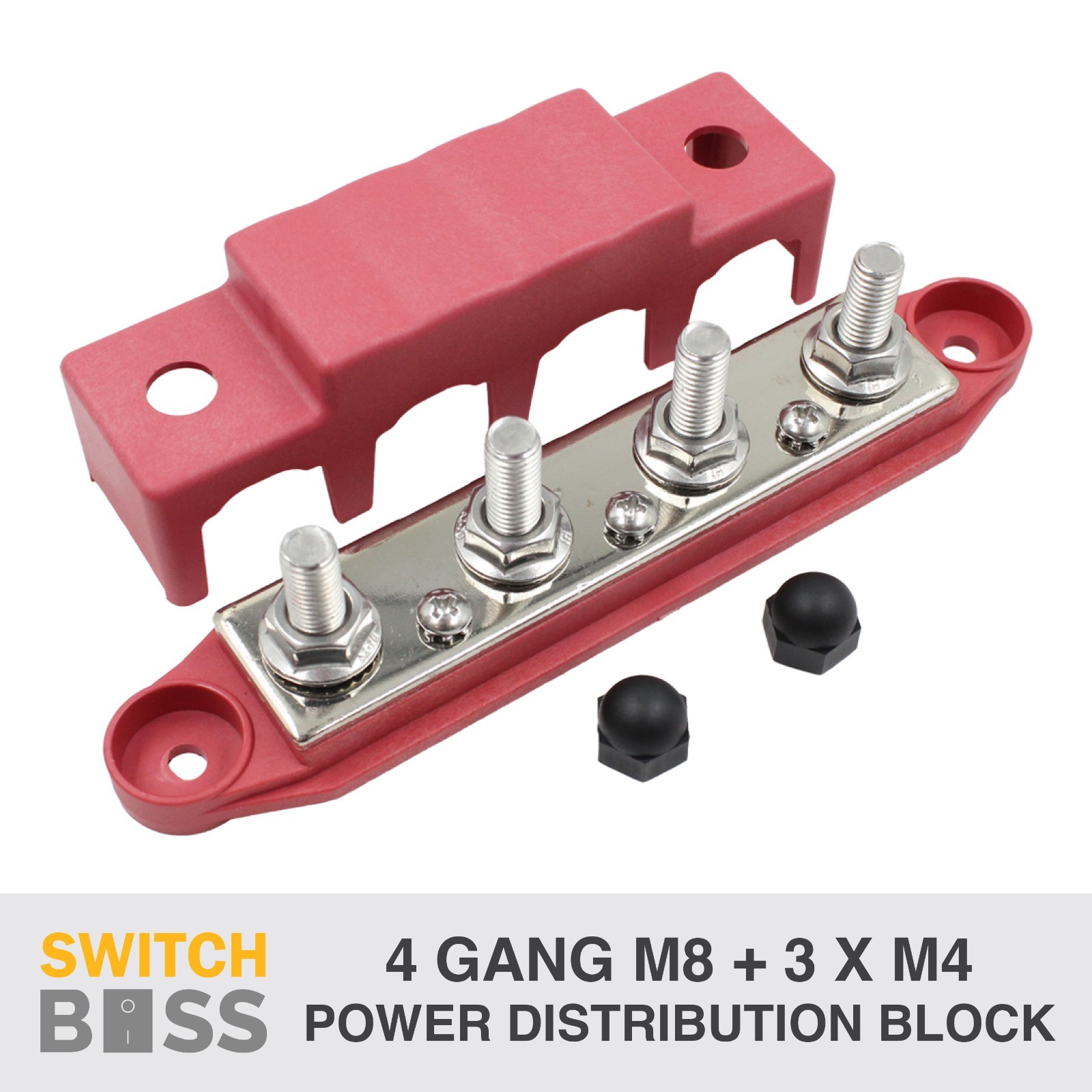 4 GANG M8 Red Power Distribution Block Bus Bar Terminal Post 12v Hard Cover