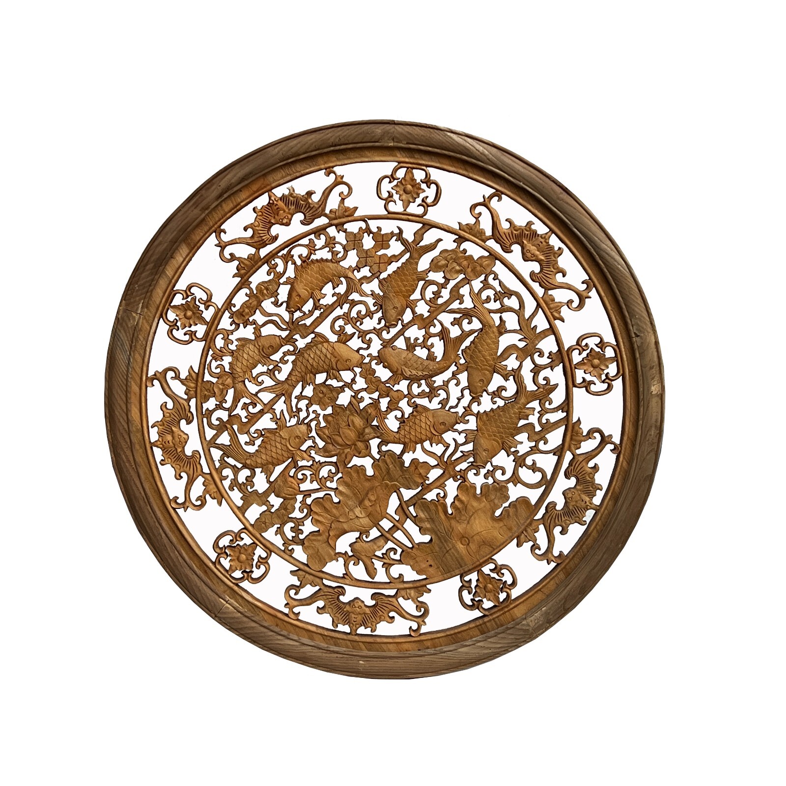 Chinese Round Shape Koi Fishes Lotus Wood Wall Hanging Panel ws2968S Chinese Round Shape Koi Fishes Lotus Wood Wall Hanging Panel ws2968S