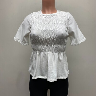 Sandy Liang Womens Bright White Short Sleeve Smocked Bodice Cotton Top XXS $30