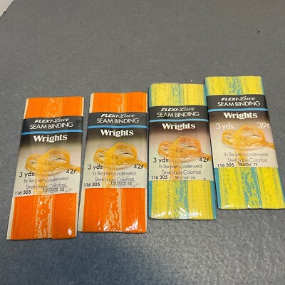 Lot of 4 Vtg 1974 NOS Wrights Flexi-Lace Stretchable Seam Binding Orange Yellow
