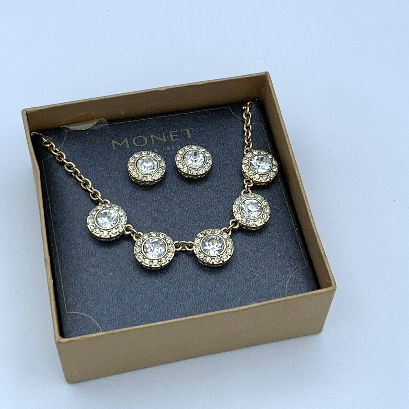 Monet Gold Tone Crystal Necklace With Earrings Set IOB | eBay