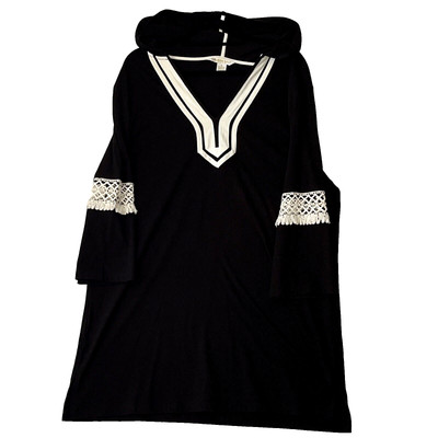 Paradise Bay Hoodie Dress SZ XL Beach Lounge Cover UP Vneck Fringe Black Comfy 