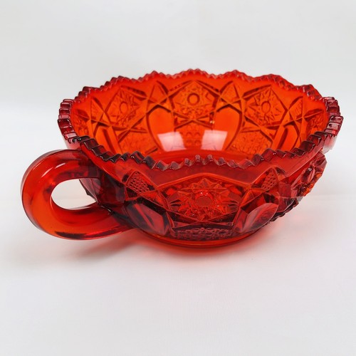 Vintage Red Round Press Glass Dish / Candy Dish with Round Handle