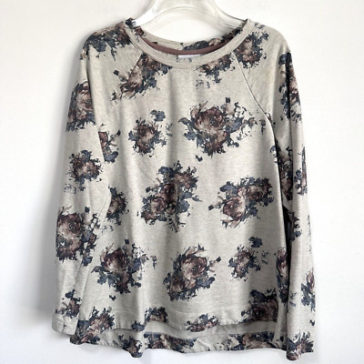 J Jill Floral Sweatshirt M Pleat Back Oatmeal Roses Floral Pullover Long Sleeve