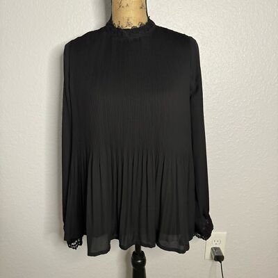 Vero Moda Size M Black Plisse Long Sleeve Blouse Victorian Academia Formal Lined