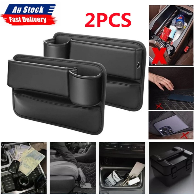 2pcs Universal Car Seat Gap Filler Organizer Leather Storage Box & Cup Holder Au