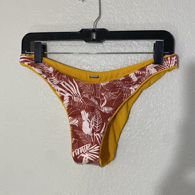 Maaji Swimsuit Bottom Reversible Bikini Women Sz L Yellow Ribbed Tropical Cheeky
