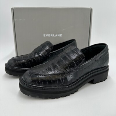 Everlane The Lug Loafer in Black Crocodile Leather sz 6.5 Women's Chunky Heel