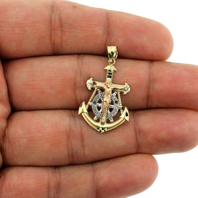 100% Pure 925 Sterling Silver Anchor Cross Charm Pendant 14K Yellow Gold Plated