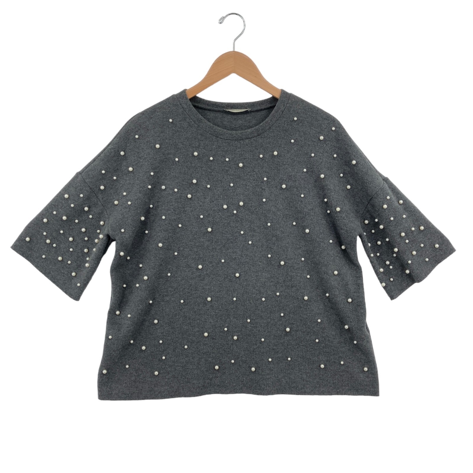 Zara T Shirt Top Womens Size 5 Gray Knit Cotton Blend Beaded