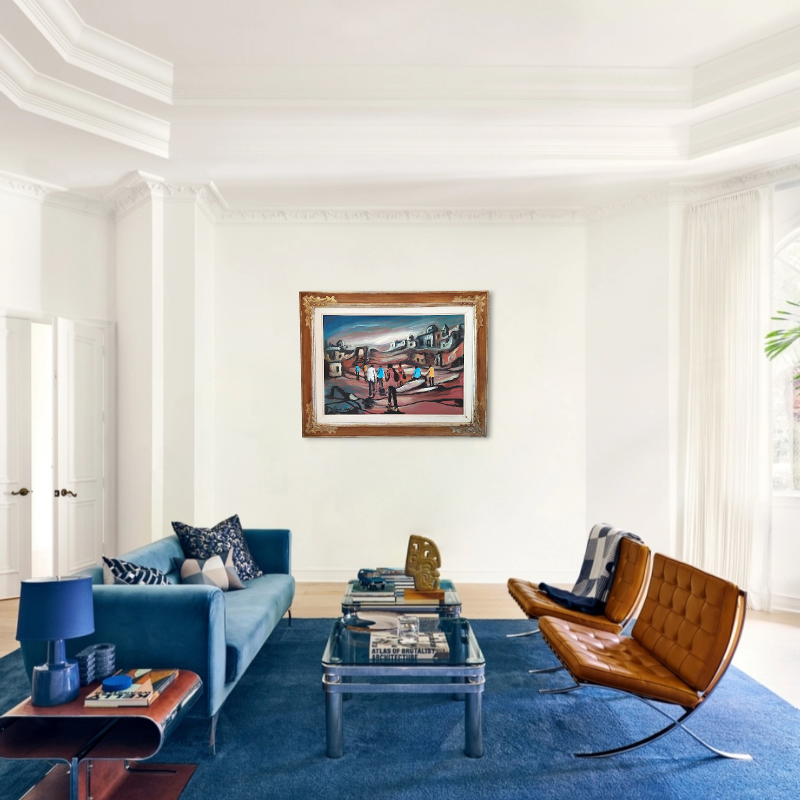 Original Italian Modern Surrealist Oil Painting Landscape with Figures signed