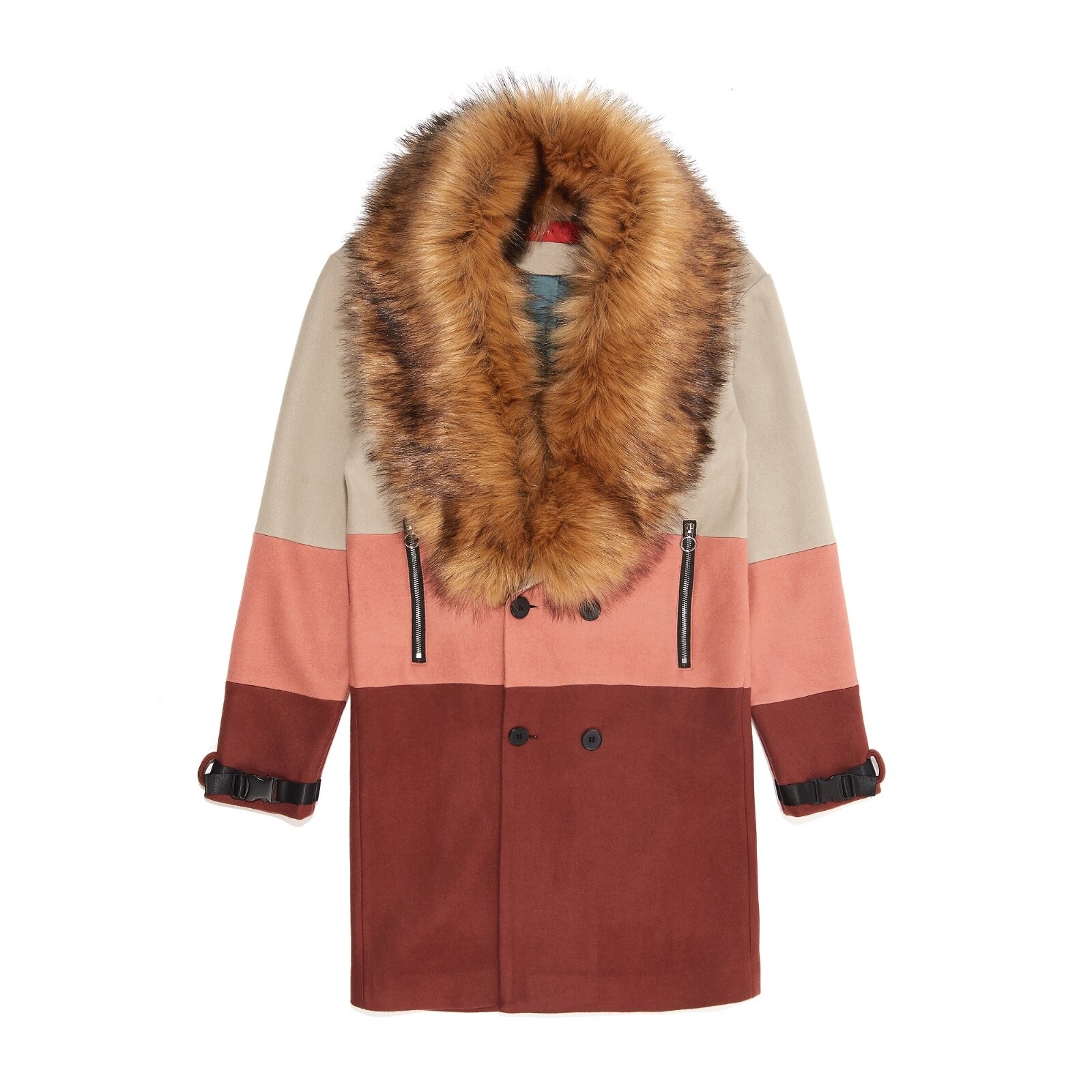 Pre-owned Vie Riche Paris Removable Fur 3 Tone Overcoat In Beige-clay Size Large In Beige-coral