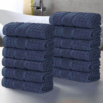Superior Cotton Waffle Border Face Towel Washcloth Set of 12, Navy Blue