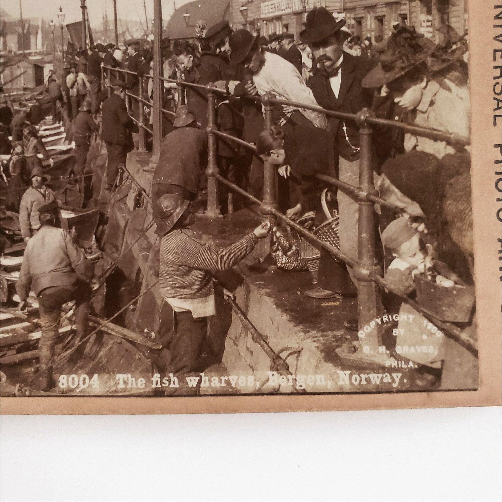 Bryggen Hanseatic Wharf Market Stereoview c1900 Fish Bergen Norway Street D953