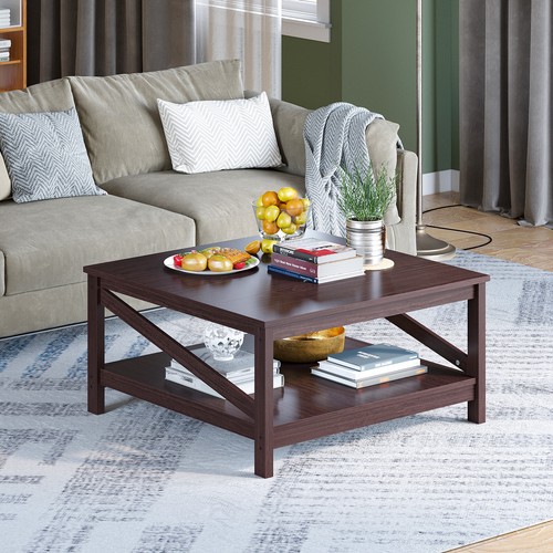 31.5" Modern Square Wood Coffee Table With Open Storage Shelf For Living Room