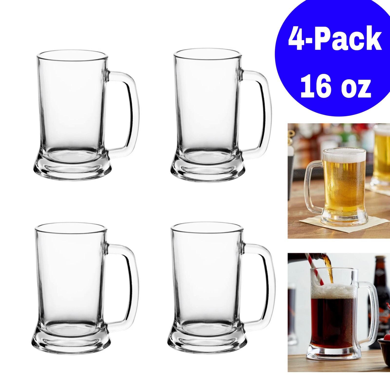Set Of 4 Beer Mugs Beer Glasses Heavy Durable Beer Mug with Handles 16 oz