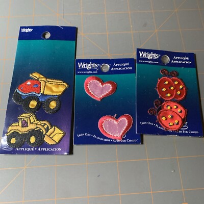 Wrights-  Patch Applique Trout Construction Vehicles Hearts Lady Bugs Iron-On