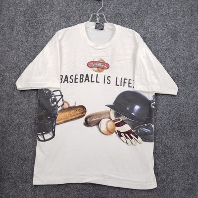 VINTAGE Big Bull Sports Baseball Is Life T Shirt Men Large White Short Pullover