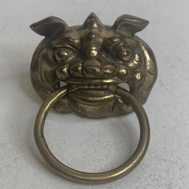 Vintage Brass Fengshui Lion Foo Dog Guardian Head Door Knocker Vtg